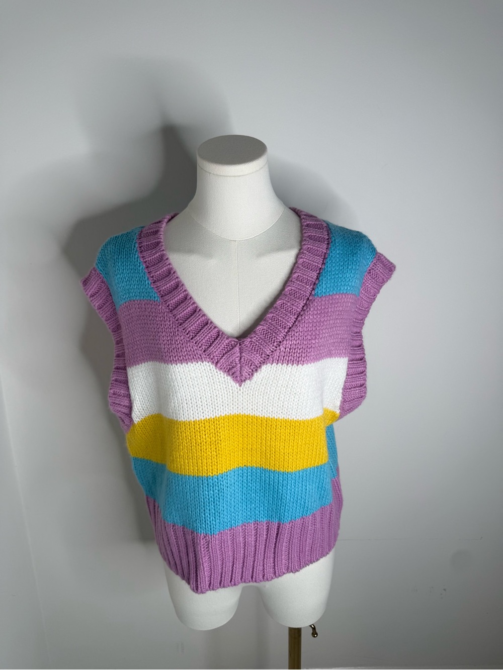Forever 21 Lavender, White, Yellow & Blue Striped V-Neck Sweater Vest